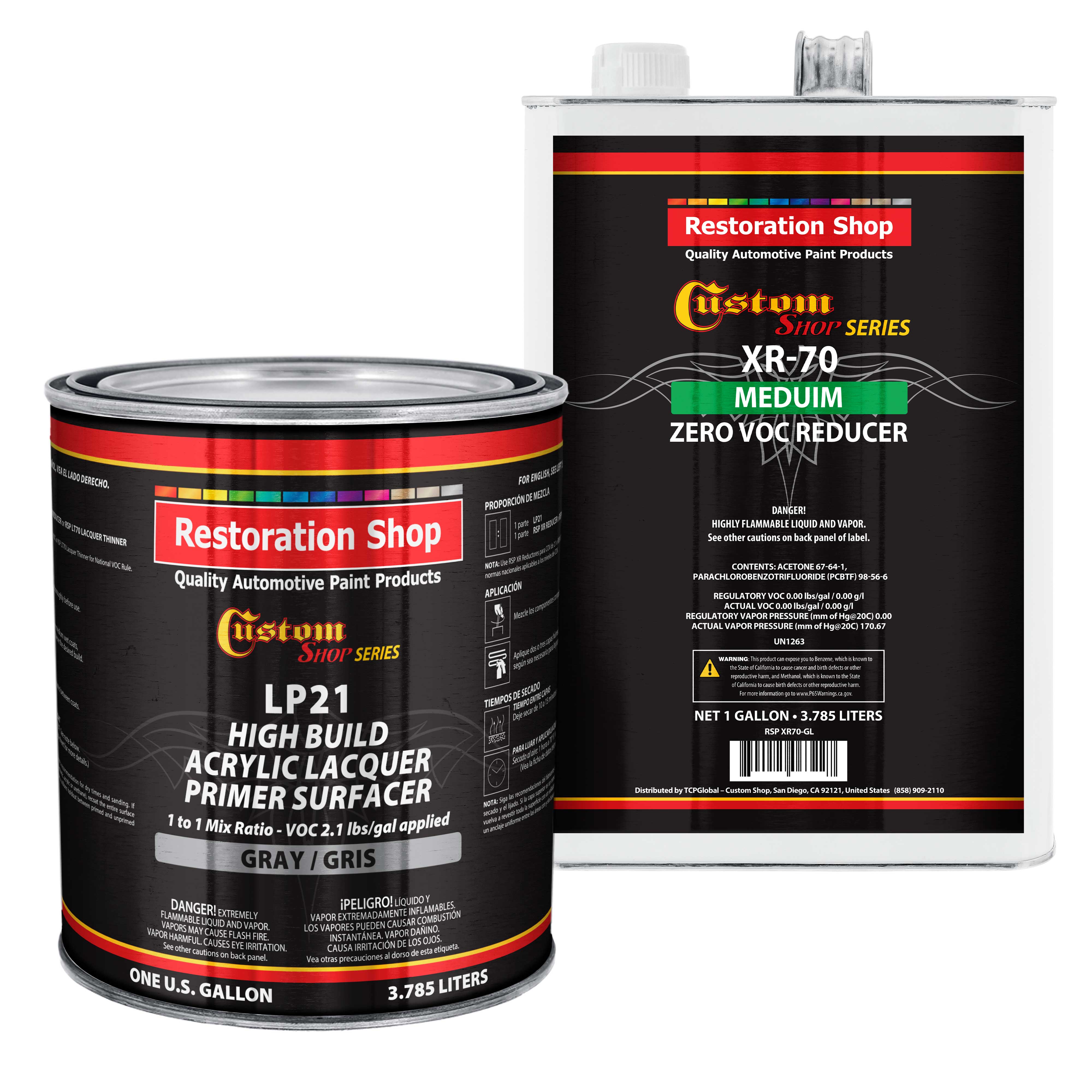 Premium High Build Acrylic Lacquer Primer Surfacer & 0 VOC Compliant Reducer, 1 Gallon Kit - Fast Filling, Drying, Easy Sanding, Excellent Adhesion - Apply Over Metal Steel, Body Filler Putties, Automotive Industrial