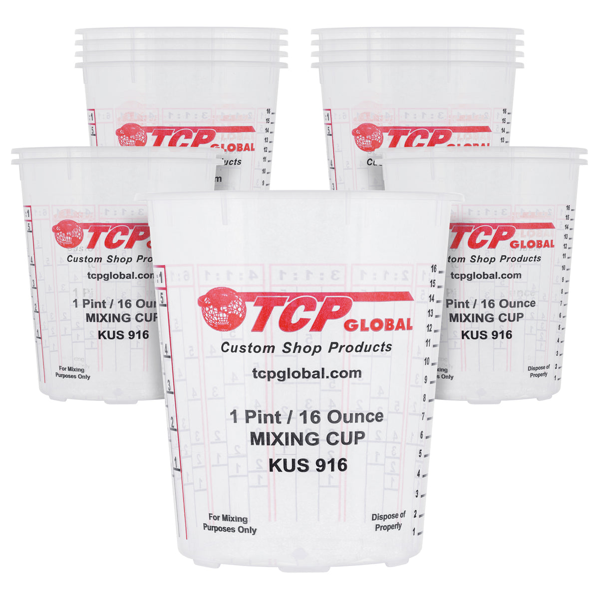 Custom Shop Paint Mixing Cups, 16-Ounce (12 Pack) - Plastic Measuring Cups for Liquids, Automotive Painting, Epoxy Resin, Acrylic Arts, Crafts, Disposable or Reusable, Graduated, Mixing Ratios