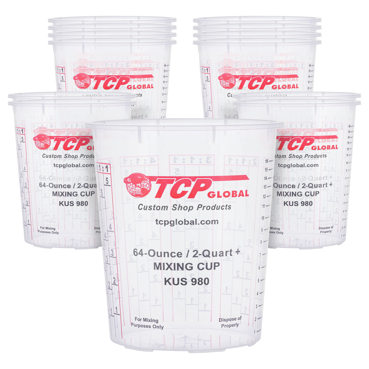Custom Shop Paint Mixing Cups, 64-Ounce (12 Pack) - Plastic Measuring Cups for Liquids, Automotive Painting, Epoxy Resin, Acrylic Arts, Crafts, Disposable or Reusable, Graduated, Mixing Ratios