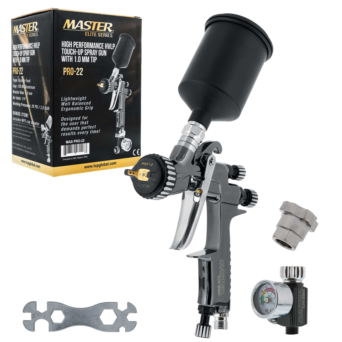 PRO-22 HVLP Air Spray Paint Gun with 1.0mm Tip, 150ml Cup, Air Pressure Regulator Gauge - Air Paint Sprayer Gun for Cars, Painting Base & Clearcoats