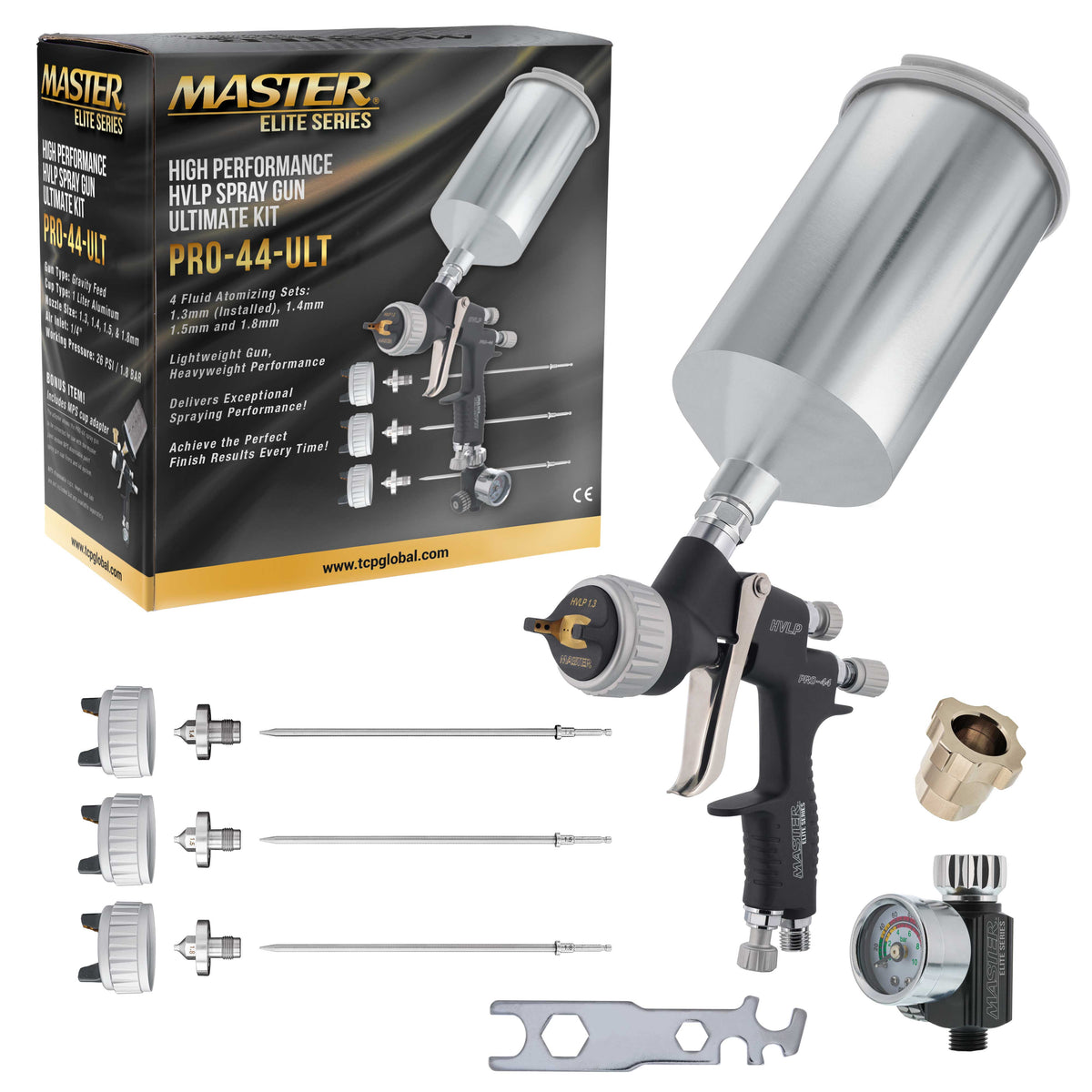 Performance PRO-44 HVLP Spray Gun Ultimate Kit with 4 Fluid Tips 1.3, 1.4, 1.5 & 1.8mm - Automotive Spray Paint Gun for Painting Basecoats, Clearcoats & Primers - Advanced Atomization