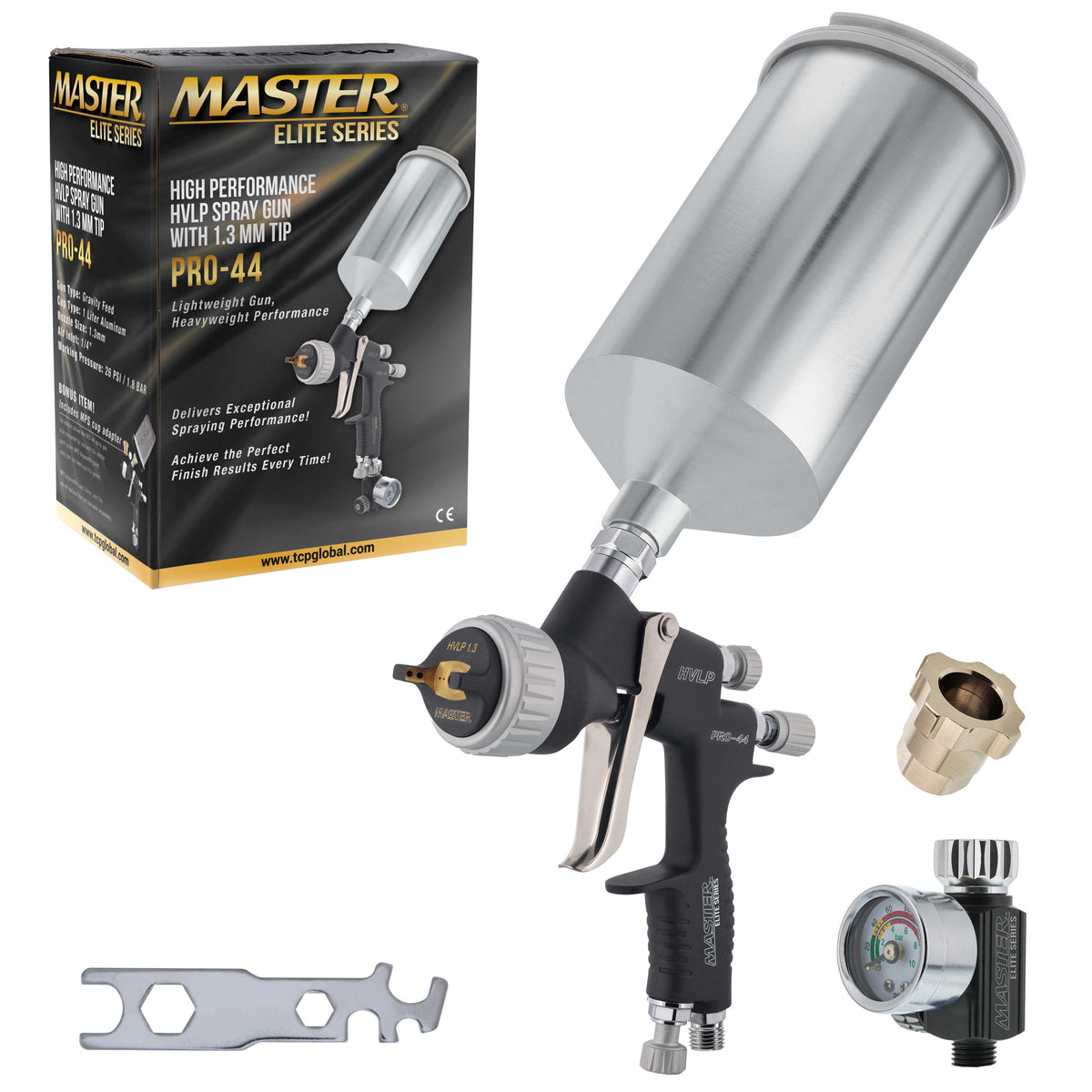 PRO-44 HVLP Spray Gun with 1.3mm Tip, Air Pressure Regulator Gauge and 1L Cup - Automotive Spray Paint Gun for Painting Basecoats & Clearcoats - Advanced Atomization Technology