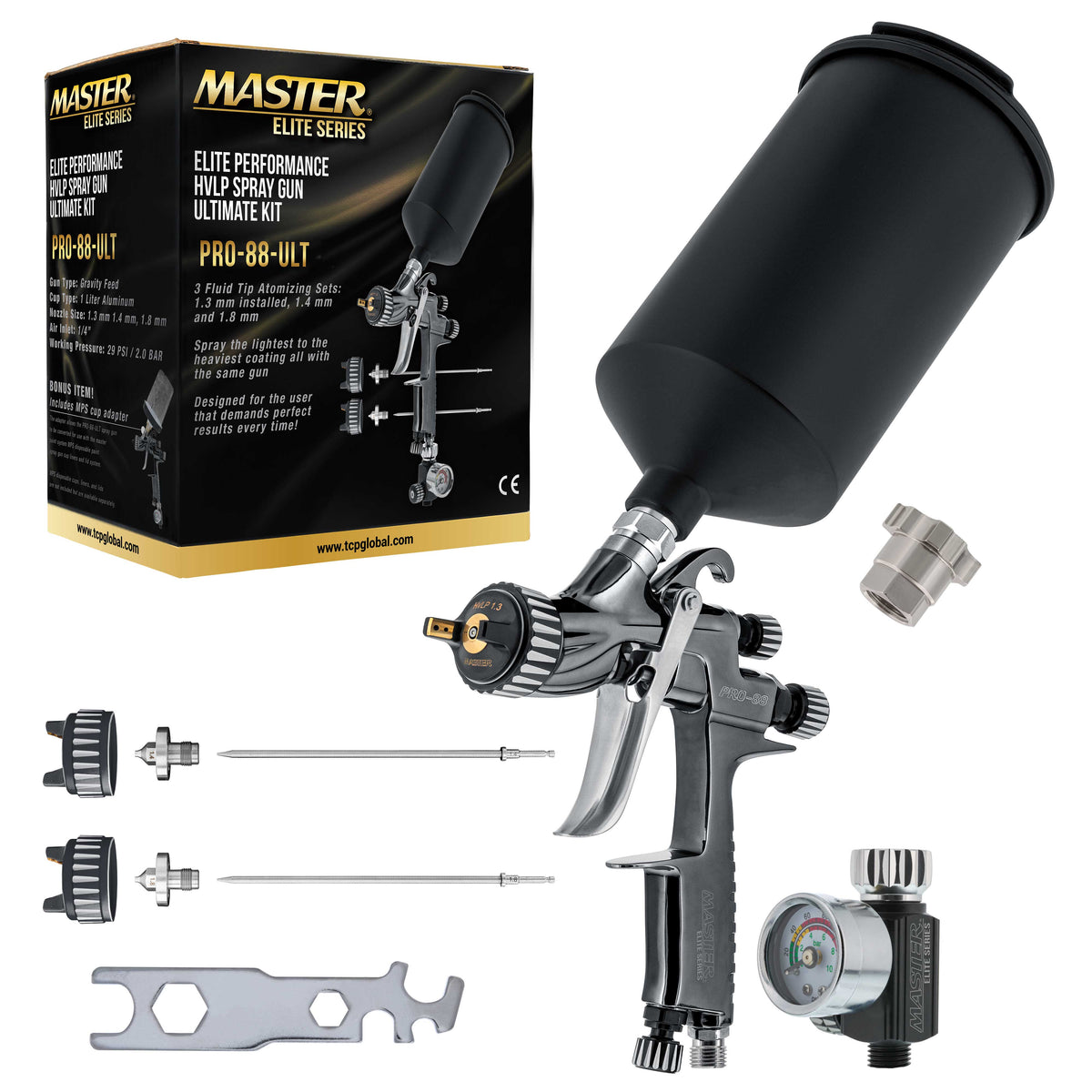 Performance PRO-88 HVLP Automotive Spray Paint Gun with 3 Tips 1.3, 1.4 and 1.8mm, 1L Cup, Regulator Gauge, MPS Adapter - Auto Paint Spray Gun for Automotive Basecoats, Clearcoats