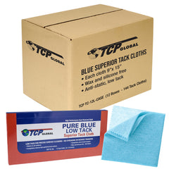 TCP Global - Pure Blue Low Tack Superior Tack Cloths - Tack Rags (Case of 144), Automotive Car Painters, Removes Dust Sanding Particles, Cleans Surfaces