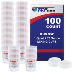 Box of 100 Mix Cups, Quart size, 32 ounce Volume Paint & Epoxy Mixing Cups - Mix Cups Are Calibrated with Multiple Mixing Ratios, Plus 12 Bonus Lids